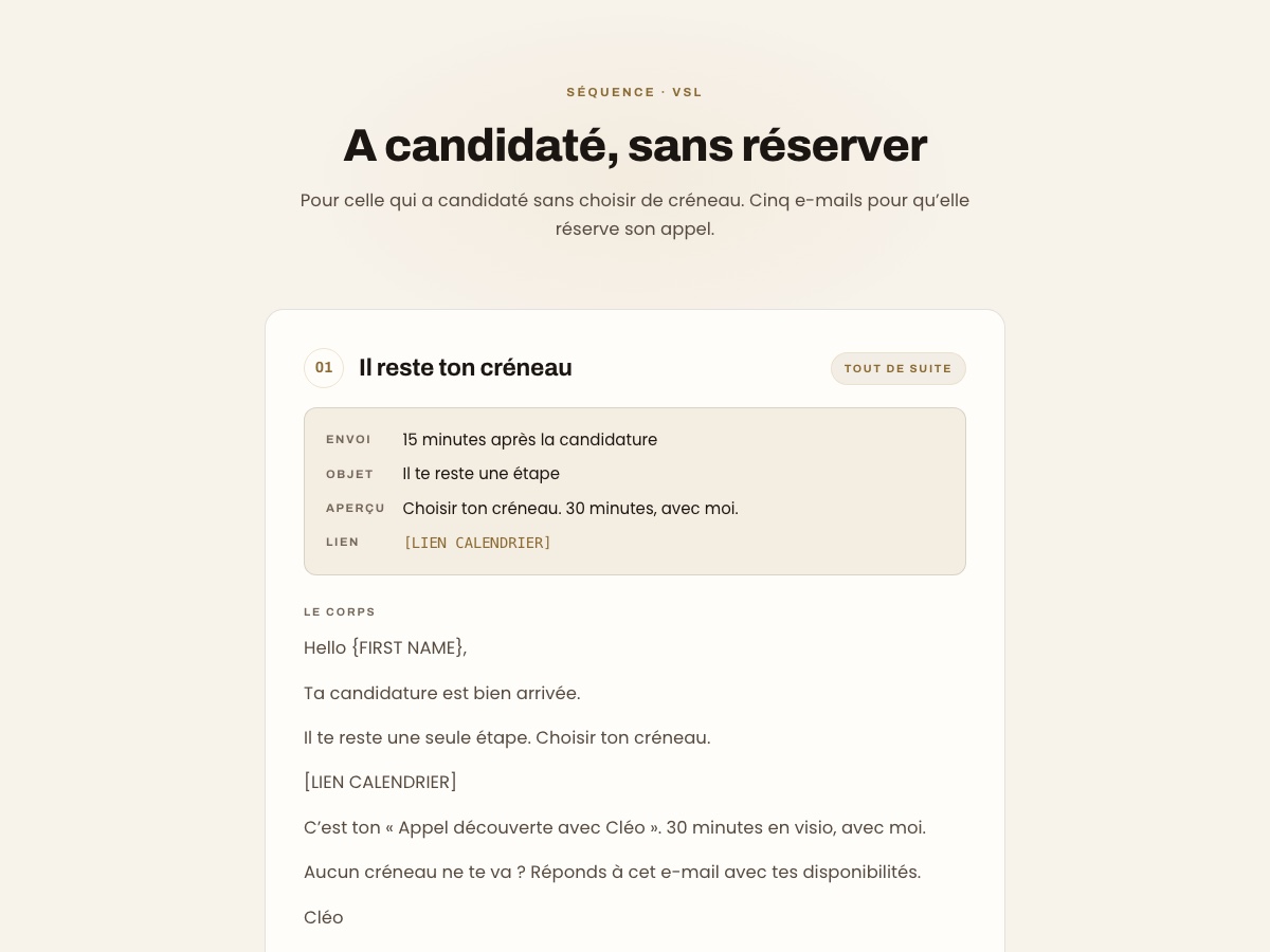 Aperçu de la séquence candidature sans créneau