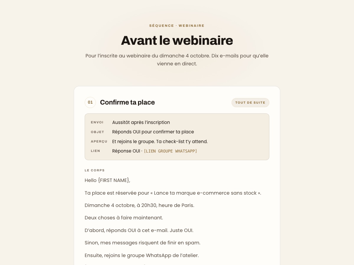 Aperçu de la séquence avant le webinaire